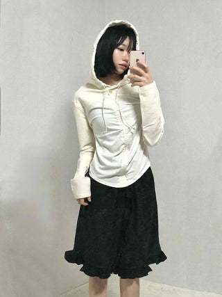 Embossed Flower Frill Elastic Waist Midi Skirt