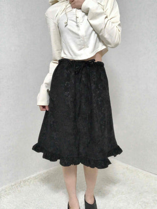 Embossed Flower Frill Elastic Waist Midi Skirt