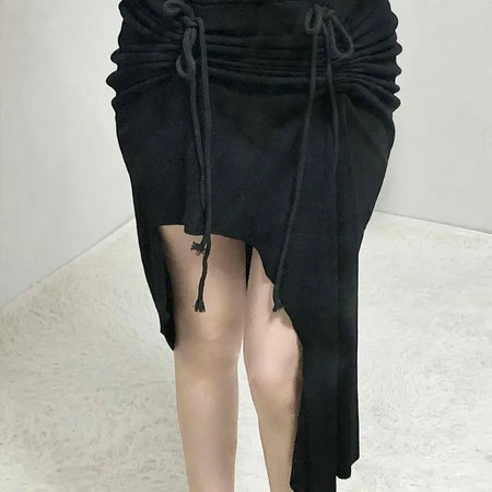 Drawstring Ash Asymmetrical Long Skirt