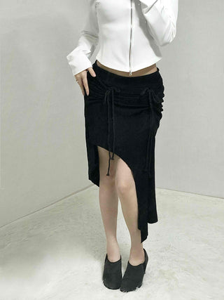 Drawstring Ash Asymmetrical Long Skirt