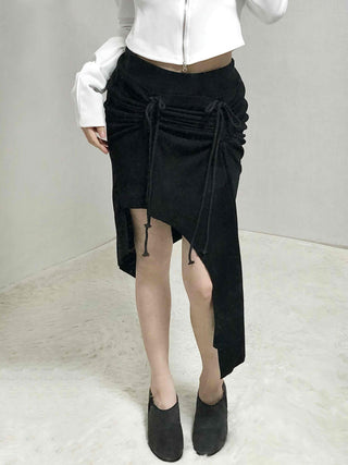 Drawstring Ash Asymmetrical Long Skirt