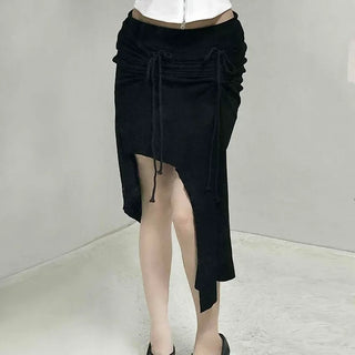 Drawstring Ash Asymmetrical Long Skirt