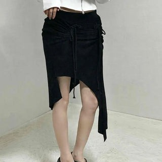 Drawstring Ash Asymmetrical Long Skirt
