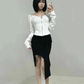 Drawstring Ash Asymmetrical Long Skirt