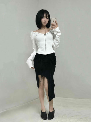 Drawstring Ash Asymmetrical Long Skirt