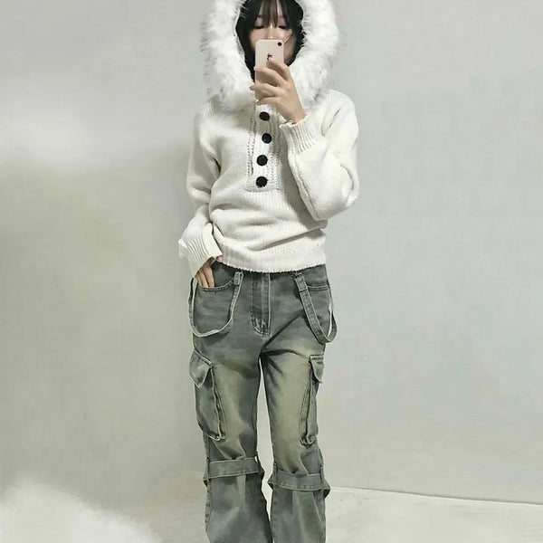 Military Cargo Pocket Chain Loose Fit Denim Pants