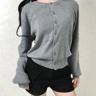 Soft Balloon Sleeve Round Neck Knit Cardigan