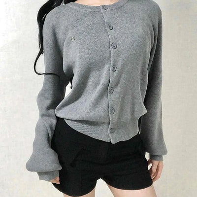 Soft Balloon Sleeve Round Neck Knit Cardigan