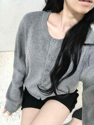 Soft Balloon Sleeve Round Neck Knit Cardigan