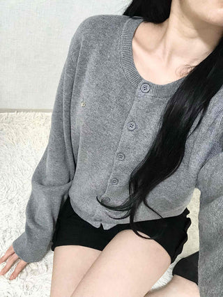 Soft Balloon Sleeve Round Neck Knit Cardigan