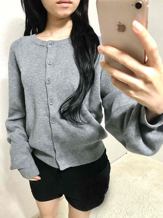 Soft Balloon Sleeve Round Neck Knit Cardigan