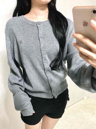 Soft Balloon Sleeve Round Neck Knit Cardigan