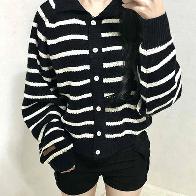 Bold Stripe Collared Neck Loose Knit Cardigan