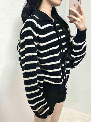 Bold Stripe Collared Neck Loose Knit Cardigan
