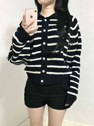 Bold Stripe Collared Neck Loose Knit Cardigan