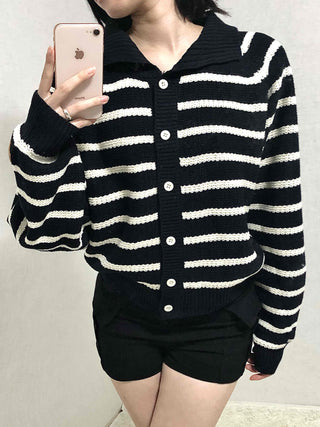 Bold Stripe Collared Neck Loose Knit Cardigan