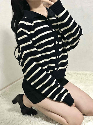 Bold Stripe Collared Neck Loose Knit Cardigan