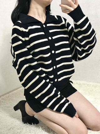 Bold Stripe Collared Neck Loose Knit Cardigan