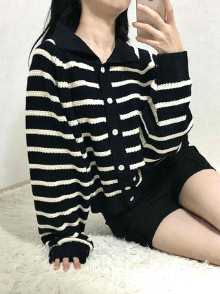 Bold Stripe Collared Neck Loose Knit Cardigan