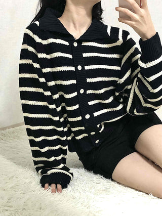 Bold Stripe Collared Neck Loose Knit Cardigan