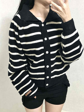Bold Stripe Collared Neck Loose Knit Cardigan