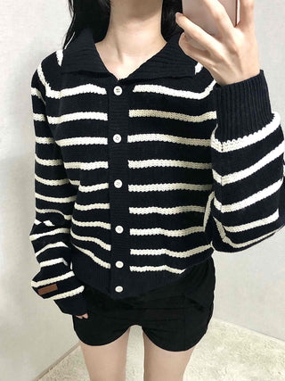 Bold Stripe Collared Neck Loose Knit Cardigan