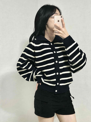 Bold Stripe Collared Neck Loose Knit Cardigan