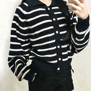 Bold Stripe Collared Neck Loose Knit Cardigan
