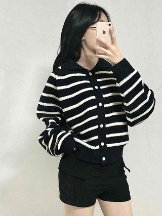 Bold Stripe Collared Neck Loose Knit Cardigan