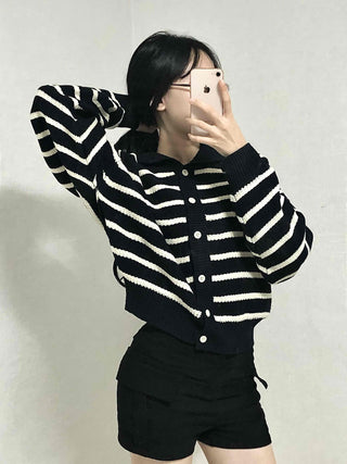 Bold Stripe Collared Neck Loose Knit Cardigan