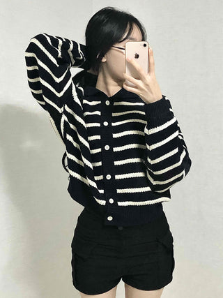 Bold Stripe Collared Neck Loose Knit Cardigan