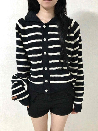 Bold Stripe Collared Neck Loose Knit Cardigan