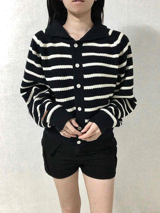 Bold Stripe Collared Neck Loose Knit Cardigan