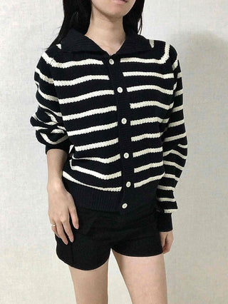 Bold Stripe Collared Neck Loose Knit Cardigan
