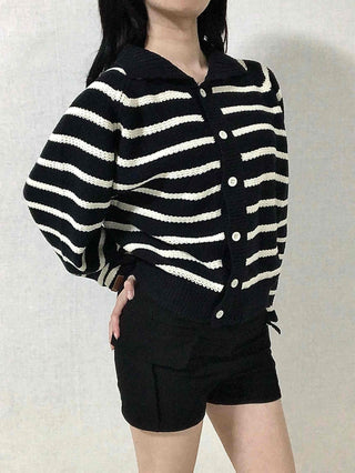 Bold Stripe Collared Neck Loose Knit Cardigan