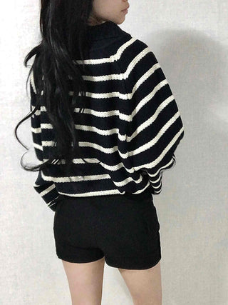 Bold Stripe Collared Neck Loose Knit Cardigan