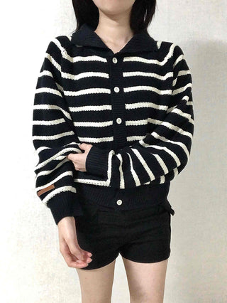 Bold Stripe Collared Neck Loose Knit Cardigan