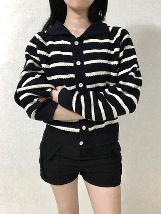 Bold Stripe Collared Neck Loose Knit Cardigan