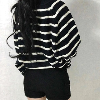 Bold Stripe Collared Neck Loose Knit Cardigan
