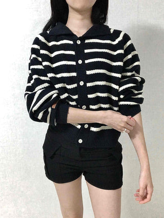 Bold Stripe Collared Neck Loose Knit Cardigan