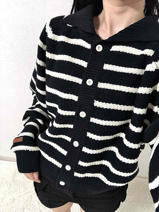 Bold Stripe Collared Neck Loose Knit Cardigan