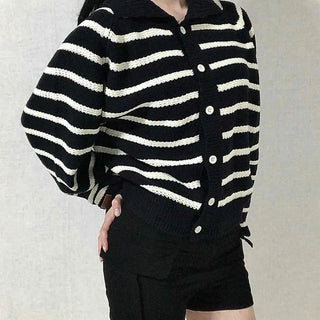Bold Stripe Collared Neck Loose Knit Cardigan