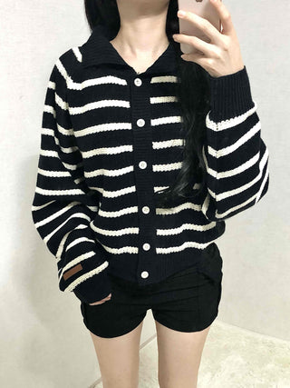 Bold Stripe Collared Neck Loose Knit Cardigan