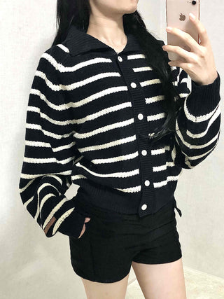 Bold Stripe Collared Neck Loose Knit Cardigan
