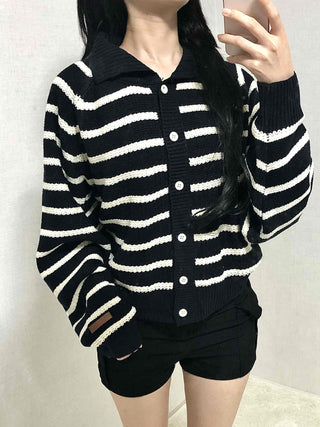 Bold Stripe Collared Neck Loose Knit Cardigan