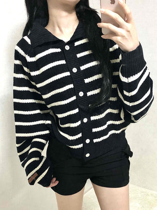 Bold Stripe Collared Neck Loose Knit Cardigan