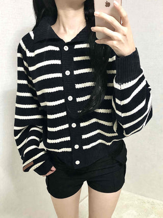 Bold Stripe Collared Neck Loose Knit Cardigan