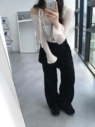 Neru See-through Ribbon Shirred Top