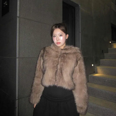 Short-length eco-fur hooded jacket