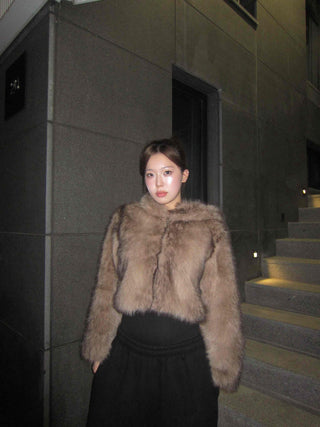 Short-length eco-fur hooded jacket